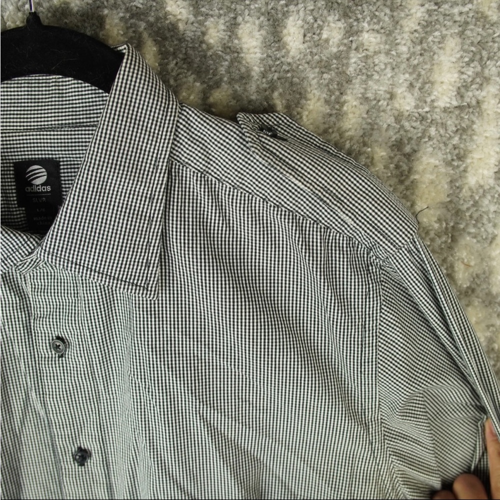 Adidas SLVR Button Up Long Sleeve Shirt Mens Large Gray Check Pattern Cotton - Picture 4 of 13